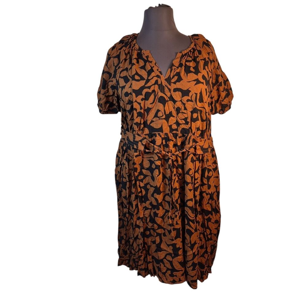 Terra & Sky Women’s Midi Dress Size 2X Black Soot Belted Puff Sleeve